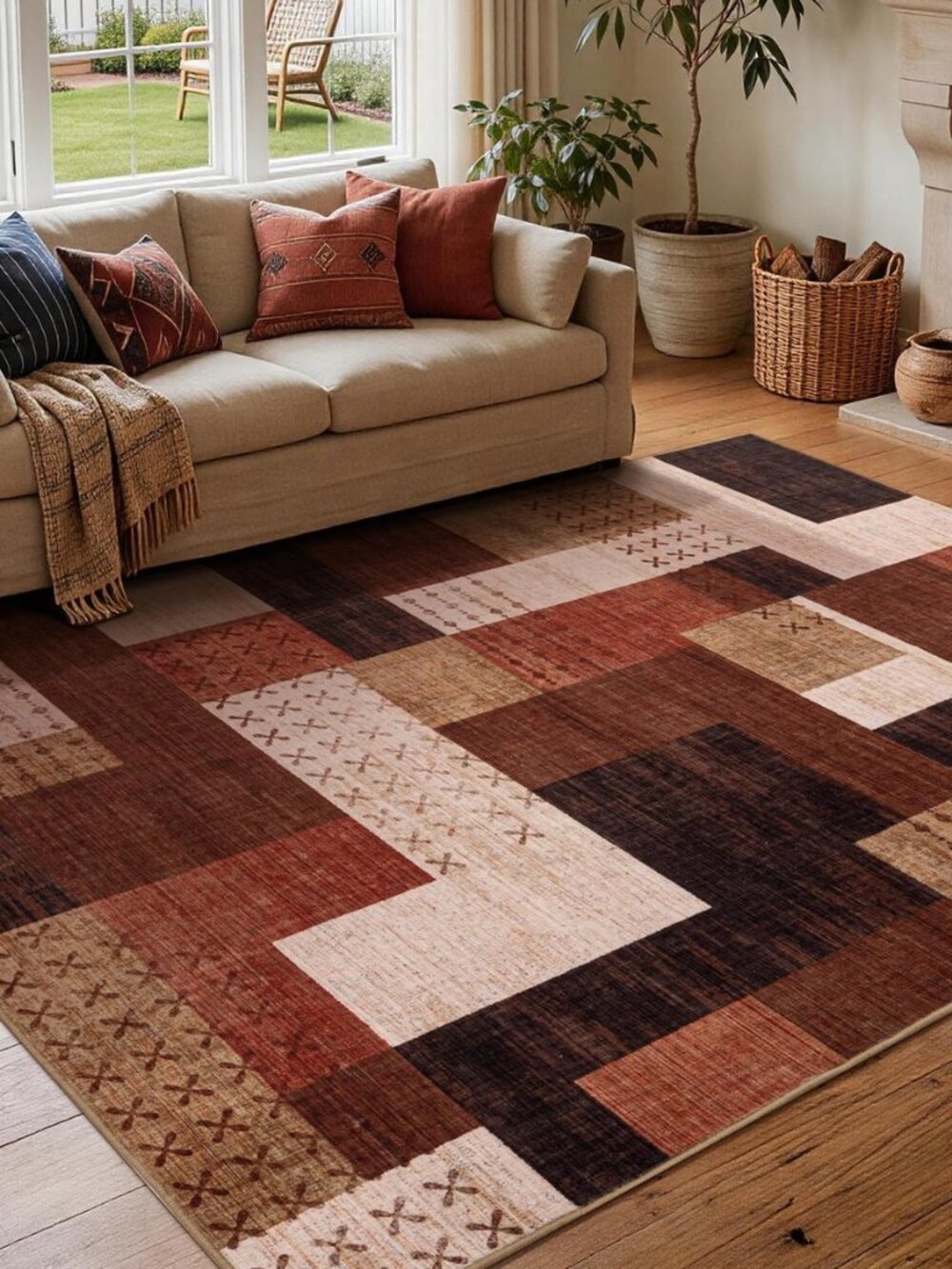 Brown Modern 5x7 Area Rugs for Living Room, Washable Geometric Patchwork Rug for